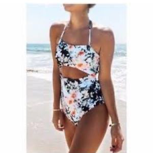 Cupshe Floral Cut Out Strapless One Piece Swimsuit Black White Orange Blue XL